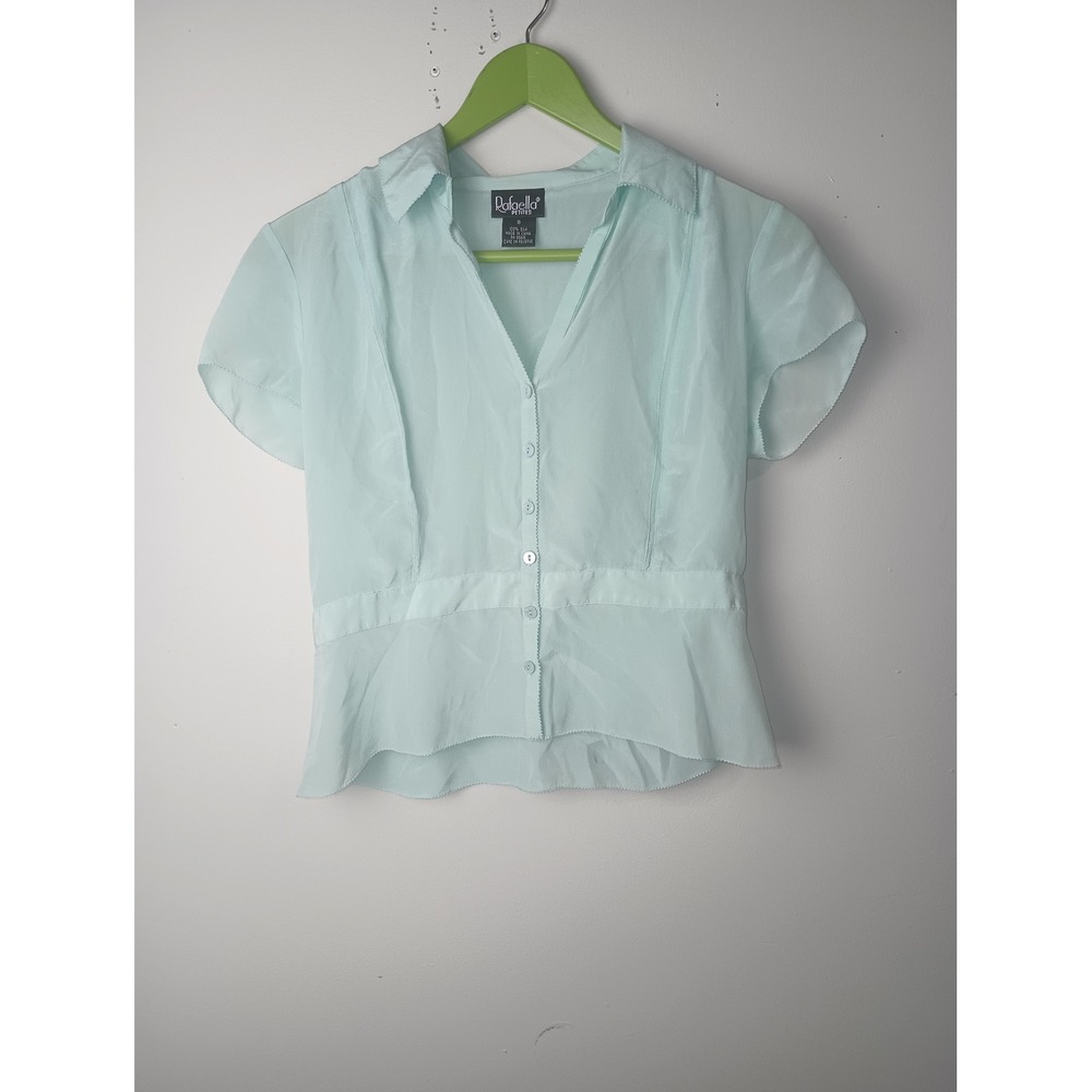 Rafaella Petites Vtg Silk Y2K Sheer Button Up Peplum Blouse Mint Green Size 8